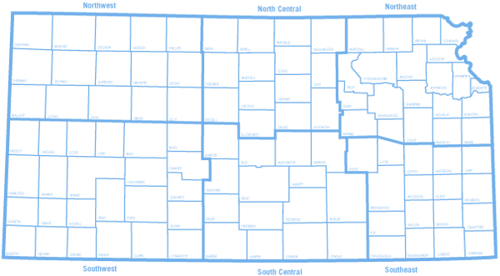 Graphic of the state with regions outlined as described in text below.